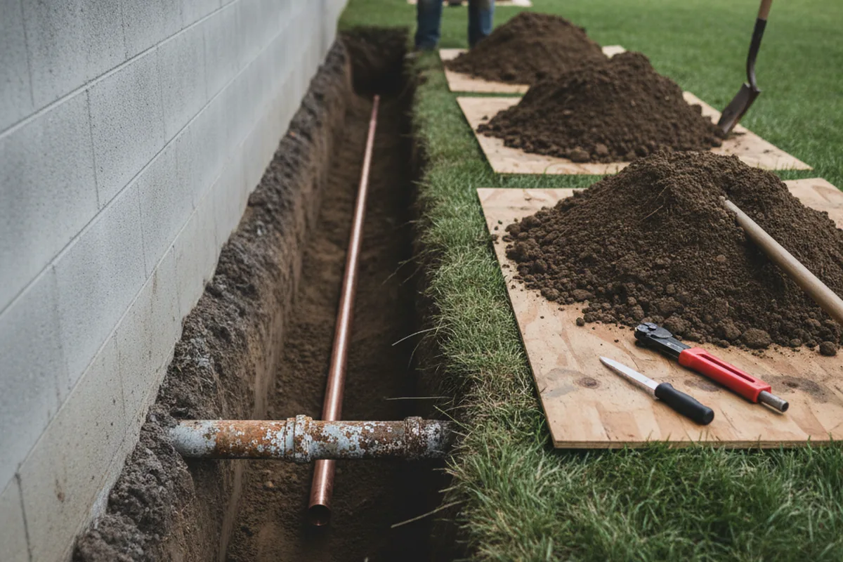 Excavated water line trench during Water Softener Installation in Narberth